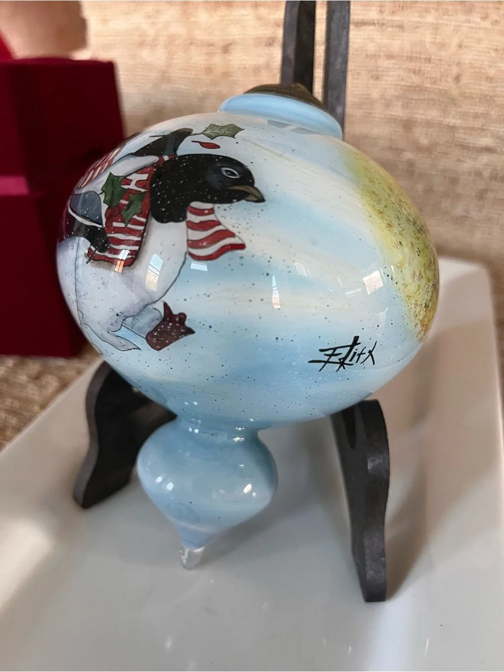 Ne'Qwa Art Blue Hand-Painted Glass Penguin Holiday Ornament